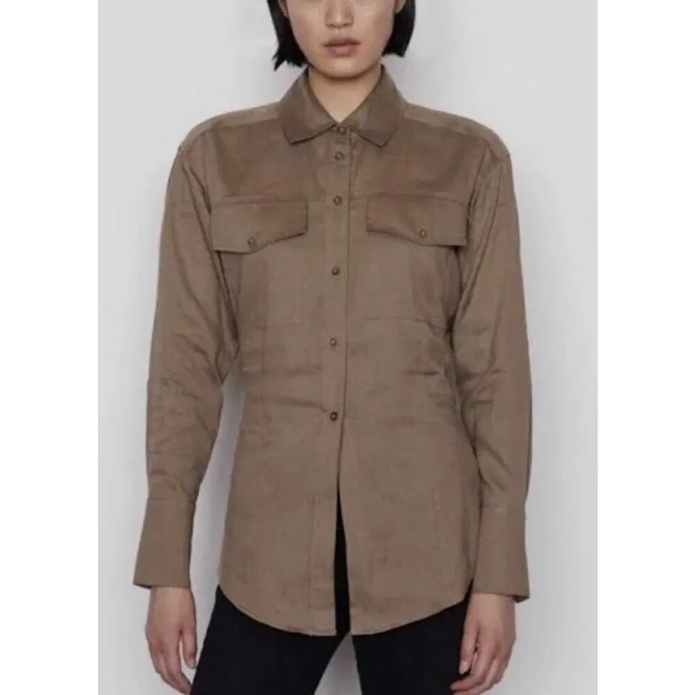 Frame Womens Arie Cutaway Long Sleeve Lyocell Linen Blend Button Down Top Desert